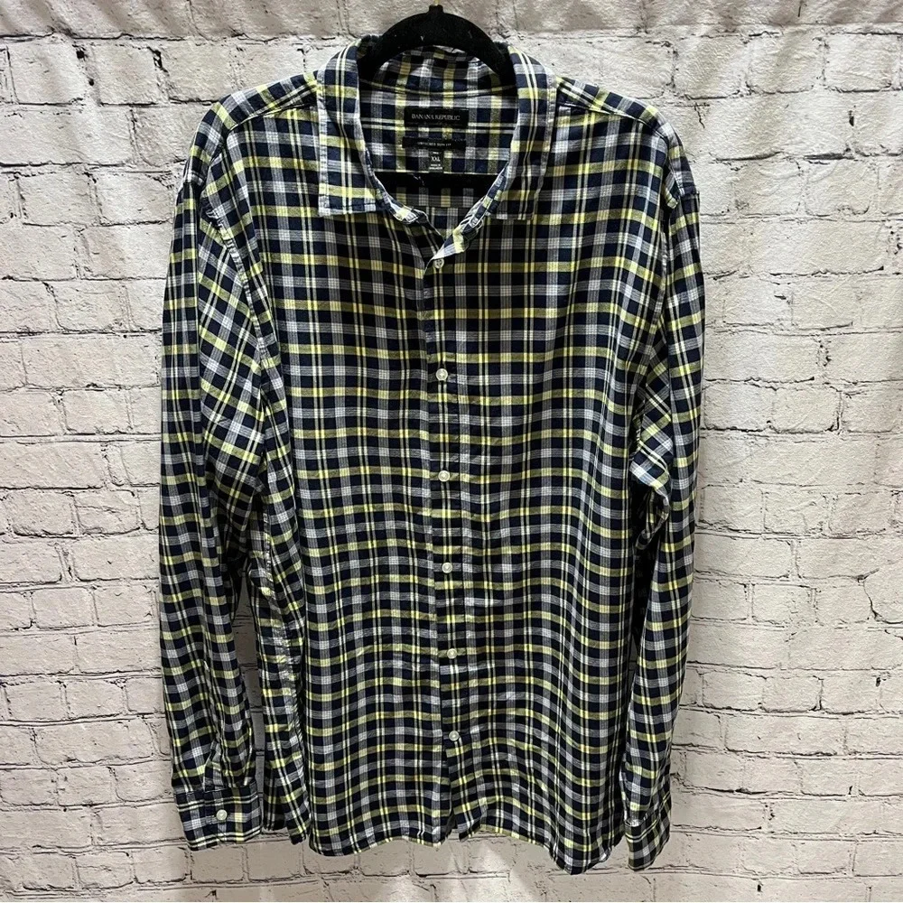 BANANA REPUBLIC Mens Untucked Slim Fit Navy Plaid Long Sleeve Shirt XXL Tall
